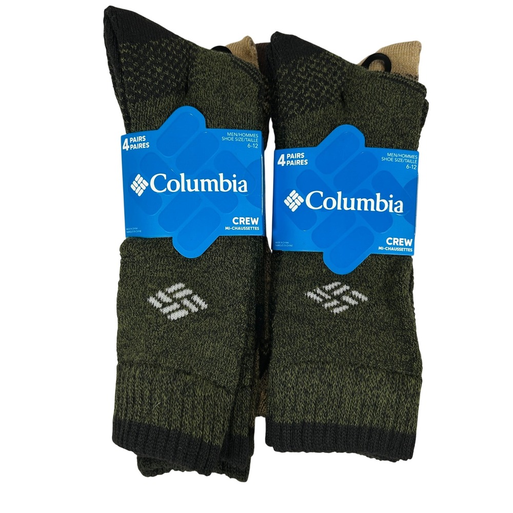 Columbia Mens Crew Socks 4 Pairs Green Tan Brown Reinforced Heel Toe Size 6-12